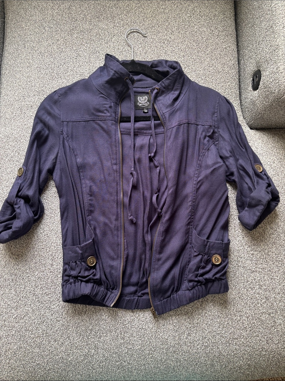 mine Navy Drawstring Zip-Up Utility Jacket with Rolled Sleeves